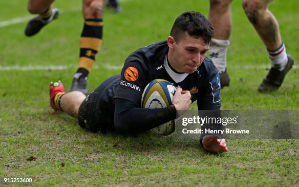 Owain James of Wasps scores a try during the Anglo-Welsh Cup match between Wasps and Leicester Tigers at Ricoh Arena on February 4, 2018 in Coventry,...