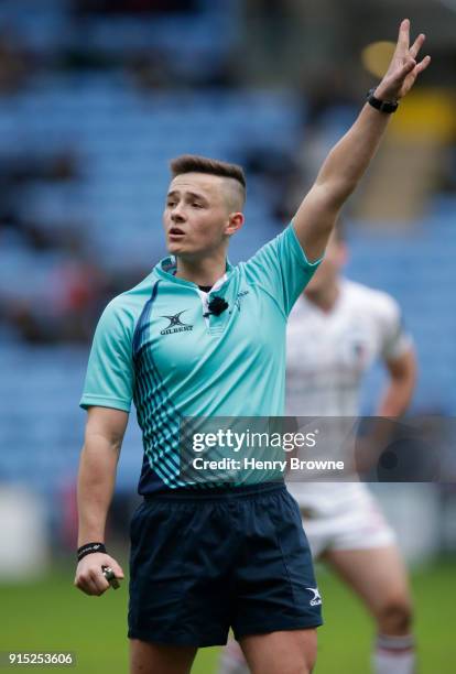 Referee Ben Breakspear during the Anglo-Welsh Cup match between Wasps and Leicester Tigers at Ricoh Arena on February 4, 2018 in Coventry, England.