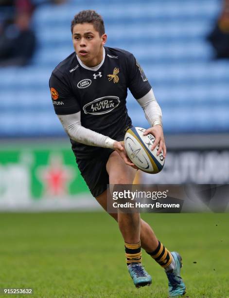 Jacob Umaga of Wasps during the Anglo-Welsh Cup match between Wasps and Leicester Tigers at Ricoh Arena on February 4, 2018 in Coventry, England.