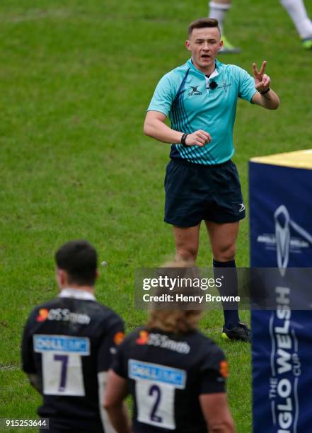 Referee Ben Breakspear during the Anglo-Welsh Cup match between Wasps and Leicester Tigers at Ricoh Arena on February 4, 2018 in Coventry, England.