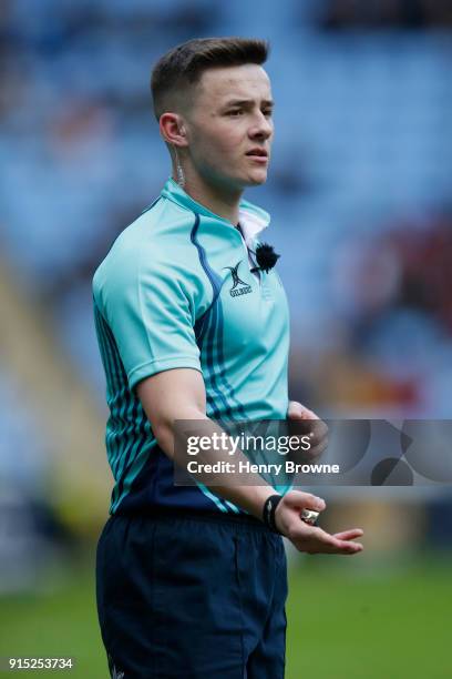 Referee Ben Breakspear during the Anglo-Welsh Cup match between Wasps and Leicester Tigers at Ricoh Arena on February 4, 2018 in Coventry, England.