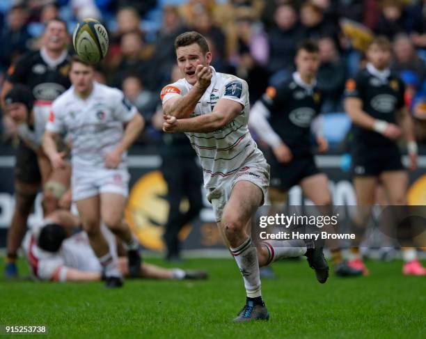 George Worth of Leicester Tigers during the Anglo-Welsh Cup match between Wasps and Leicester Tigers at Ricoh Arena on February 4, 2018 in Coventry,...