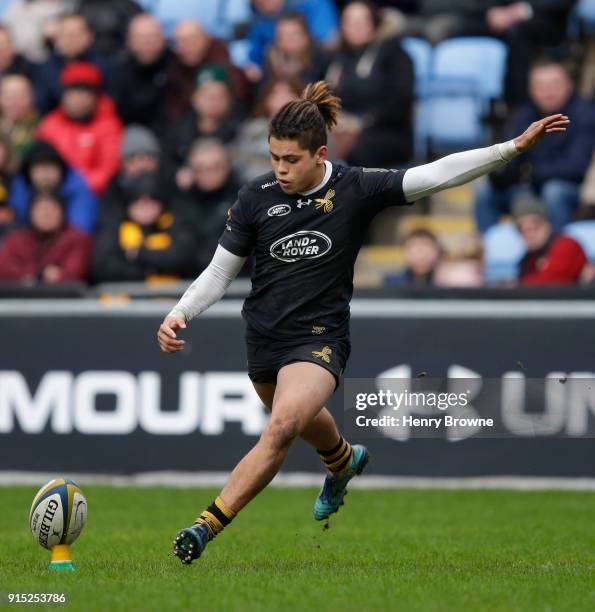 Jacob Umaga of Wasps during the Anglo-Welsh Cup match between Wasps and Leicester Tigers at Ricoh Arena on February 4, 2018 in Coventry, England.