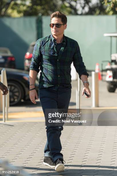 Rob Lowe visits "Extra" at Universal Studios Hollywood on February 6, 2018 in Universal City, California.