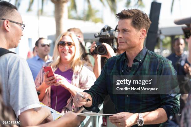 Rob Lowe visits "Extra" at Universal Studios Hollywood on February 6, 2018 in Universal City, California.