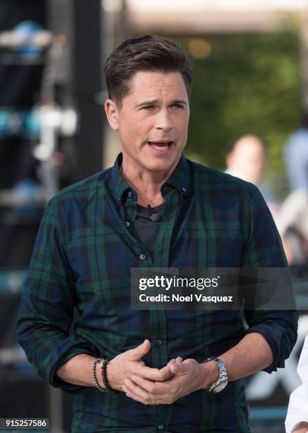 Rob Lowe visits "Extra" at Universal Studios Hollywood on February 6, 2018 in Universal City, California.