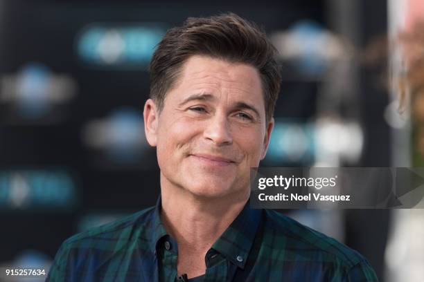 Rob Lowe visits "Extra" at Universal Studios Hollywood on February 6, 2018 in Universal City, California.