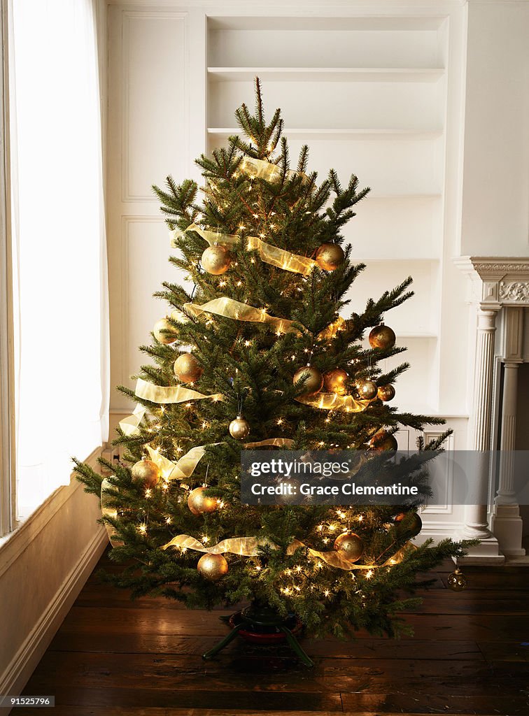 Cristmas tree with golden ornaments closeup