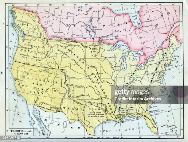 Color-coded map illustrates the territorial growth of the United States, late nineteenth century. It includes the original colonies of 1776,...