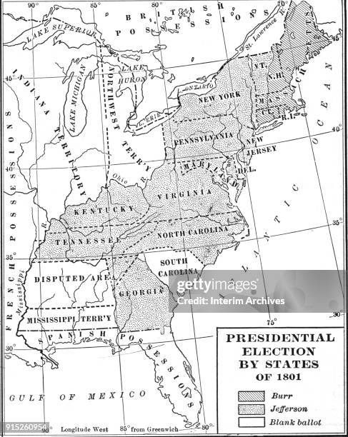 Map illustrates votes, by state, in the US Presidential election of 1800, late nineteenth century. It is broken down as votes for Aaron Burr, Thomas...