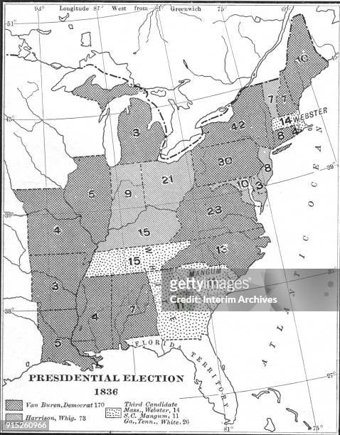 Map illustrates votes, by state, in the US Presidential election of 1836, late nineteenth century. It is broken down as votes for Democrat Martin van...