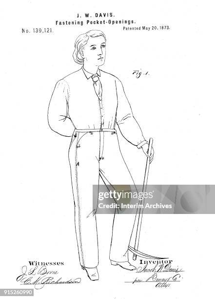 Patent drawing for 'fastening of pocket-openings' by Jacob Davis , May 20, 1873. It is patent,121. Later used by Levi Strauss & Company, now known...