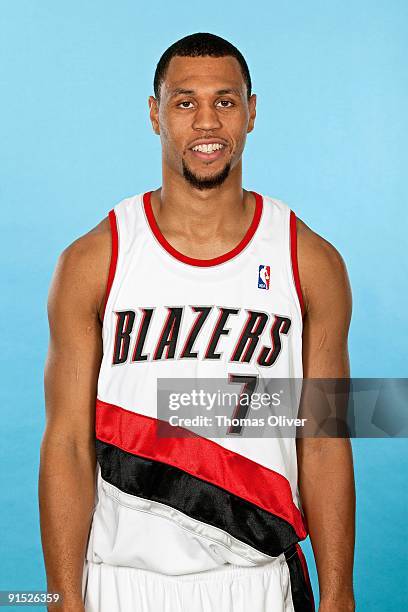 Brandon Roy of the Portland Trail Blazers poses for a portrait during 2009 NBA Media Day at the Rose Garden on September 28, 2009 in Portland,...