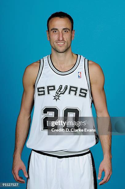 Manu Ginobili of the San Antonio Spurs poses for a portrait during 2009 NBA Media Day on September 28, 2009 at the Spurs Training Facility in San...