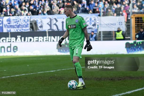 Goalkeeper Mark Flekken of Duisburg controls the ball during the Second Bundesliga match between SV Darmstadt 98 and MSV Duisburg at Merck-Stadion am...