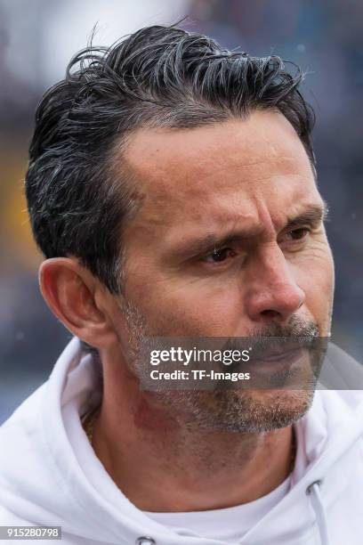 Head coach Dirk Schuster of Darmstadt looks on prior to the Second Bundesliga match between SV Darmstadt 98 and MSV Duisburg at Merck-Stadion am...