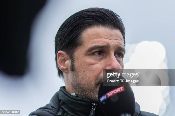 Head coach Ilia Gruev of Duisburg gives an interview prior to the Second Bundesliga match between SV Darmstadt 98 and MSV Duisburg at Merck-Stadion...