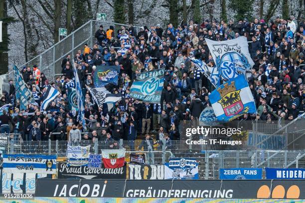 Suporters of Duisburg are seen during the Second Bundesliga match between SV Darmstadt 98 and MSV Duisburg at Merck-Stadion am Boellenfalltor on...