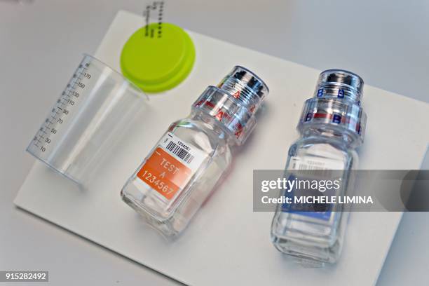 This photograph taken on February 7 shows a BEREG-KIT for drug and doping control, at Berlinger AG facility in Ganterschwil, which are scheduled to...