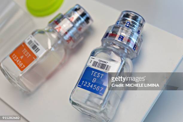 This photograph taken on February 7 shows a BEREG-KIT for drug and doping control, at Berlinger AG facility in Ganterschwil, which are scheduled to...