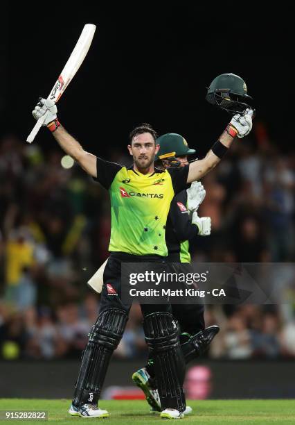 Glenn Maxwell of Australia celebrates victory and scoring a century during the Twenty20 International match between Australia and England at...