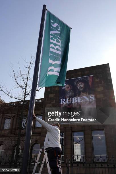 Rubens flag and poster outside the Staedel Museum during the 'Rubens - Kraft der Verwandlung' exhibition preview at Staedel Museum on February 7,...
