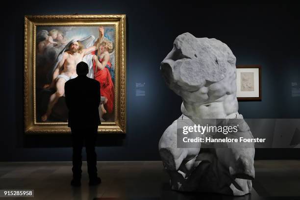 Rubens 'The Resurrection and Triumphant Christ' and the 'Apollonius of Athens' sculpture during the 'Rubens - Kraft der Verwandlung' exhibition...