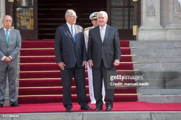 Pablo Kuczynski President of Peru welcomes US Secretary of State Rex Tillerson at Government Palace on February 06, 2018 in Lima, Peru. US Secretary...