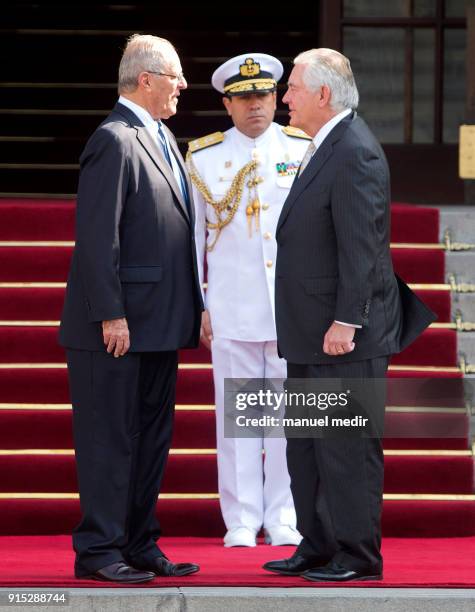 Pablo Kuczynski President of Peru welcomes US Secretary of State Rex Tillerson at Government Palace on February 06, 2018 in Lima, Peru. US Secretary...