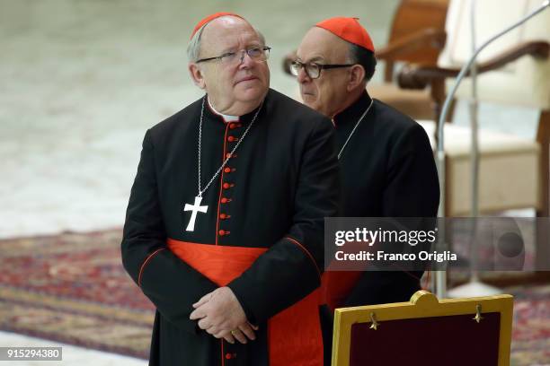 Archbishop of Bordeaux cardinal Jean Pierre Ricard and archbishop of Aparecida cardinal Raymundo Damasceno Assis attend Pope Francis' weekly audience...