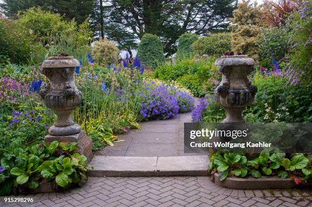 Path with geranium and delphinium flowers in the garden of the Larnach Castle near Dunedin on the South Island in New Zealand.