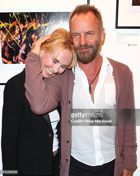Sting and Trudie Styler attend the private view of 'The People Of The Forest: 20 Years of Images from the Rainforest Foundation' at Proud Camden on...