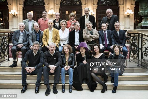 Picture taken on February 2, 2018 shows the most read authors in 2017 according to the Palmares RTL-L'Express hitlist as they pose during a photo...