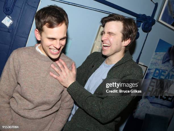 Taylor Trensch and Gavin Creel chat backstage as Taylor Trensch joins the cast of "Dear Evan Hansen" on Broadway at The Music Box Theatre on February...