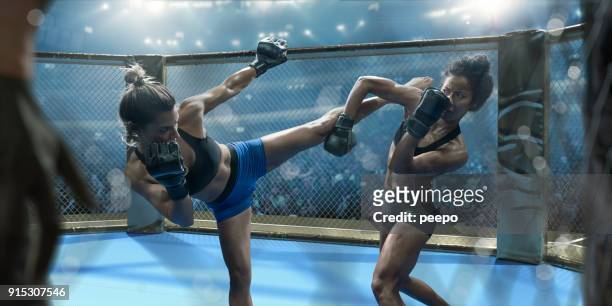 professionele vrouwelijke mixed martial arts fighters gevechten in octagon - mixed martial arts stockfoto's en -beelden