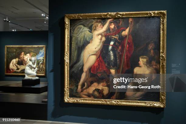 Der Tugendheld von der Siegesgöttin bekrönt, Peter Paul Rubens, are displayed during the 'Rubens - Kraft der Verwandlung' exhibition preview at...