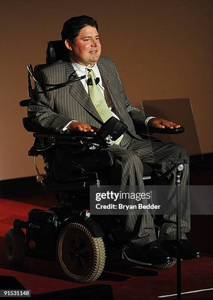 Marc Buoniconti speaks onstage at The 24th Annual Great Sports Legends Dinner benefiting The Buoniconti Fund to Cure Paralysis at The Waldorf-Astoria...