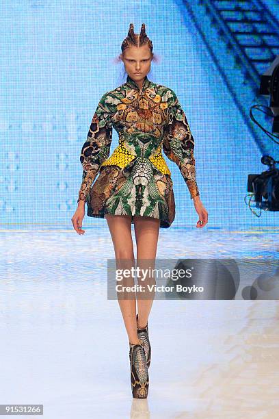 Model walks the runway during Alexander McQueen Pret a Porter show as part of the Paris Womenswear Fashion Week Spring/Summer 2010 at Palais...