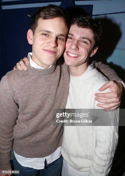 Taylor Trensch and Ben Levi Ross pose backstage as Taylor Trensch joins the cast of "Dear Evan Hansen" on Broadway at The Music Box Theatre on...