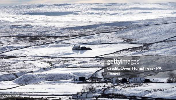 Snow covers the countryside in Teesdale, County Durham.