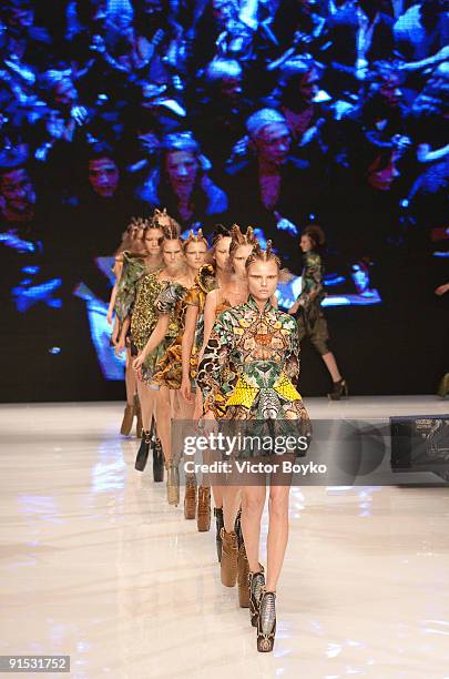 Models walk the runway during Alexander McQueen Pret a Porter show as part of the Paris Womenswear Fashion Week Spring/Summer 2010 at Palais...