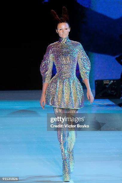 Model walks the runway during Alexander McQueen Pret a Porter show as part of the Paris Womenswear Fashion Week Spring/Summer 2010 at Palais...