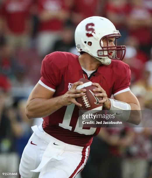 Andrew Luck of the Stanford Cardinal in action against the Washington Huskies at Stanford Stadium on September 26, 2009 in Palo Alto, California.