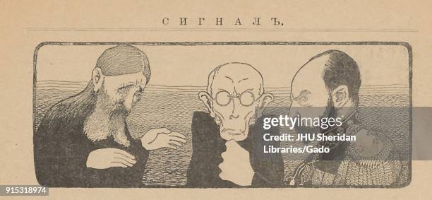 An Illustration depicting Russian mystic Grigori Rasputin , Russian statesman Konstantin Pobedonostsev , and Tsar Nicholas II in conference, from the...