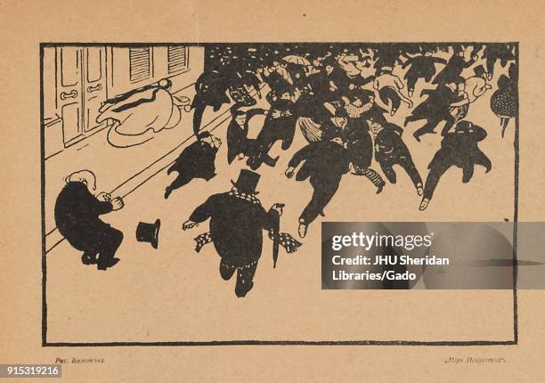 Woodcut illustration of violence breaking out on a city street amongst a crowd of formally dressed men, from the Russian satirical publication...