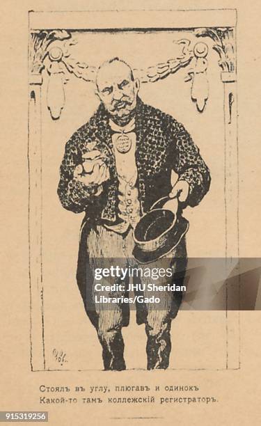 Illustration of Sergei Witte, first Russian prime minister, in morning dress, presenting his cap in one hand and a small package in the other, from...