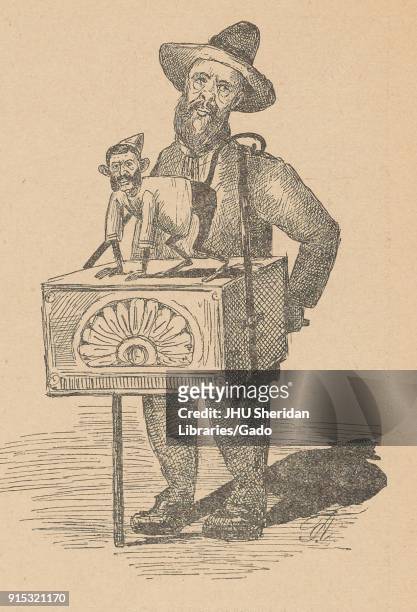 Cartoon from the Russian satirical journal Ovod depicting an organ grinder carrying a street organ with a monkey, who has a human head, 1906.