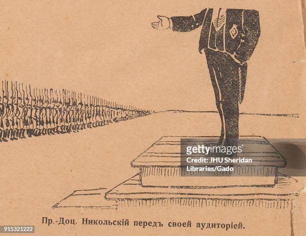 Cartoon from the Russian satirical journal Nagaechka depicting Prof Doc Nikolsky speaking in front of the army, 1905.