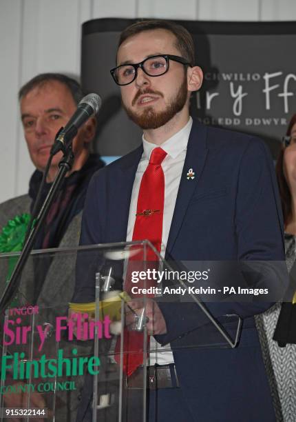 Jack Sargeant speaks at the count in Connah's Quay after winning the Welsh Assembly by-election in Alyn &amp; Deeside. The by-election was triggered...