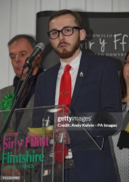 Jack Sargeant speaks at the count in Connah's Quay after winning the Welsh Assembly by-election in Alyn &amp; Deeside. The by-election was triggered...